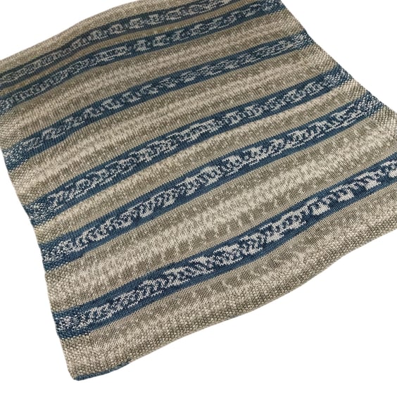 Hand Knitted Baby Blanket Grey Teal Cream Fair Isle Pram Blanket 28x30 inches