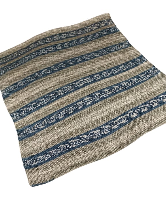 Hand Knitted Baby Blanket Grey Teal Cream Fair Isle Pram Blanket 28x30 inches