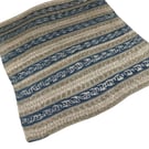 Hand Knitted Baby Blanket Grey Teal Cream Fair Isle Pram Blanket 28x30 inches