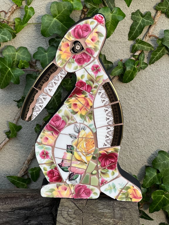 Mosaic Moon Gazing Hare, Made with Vintage china, Ceramic Mosaic Art