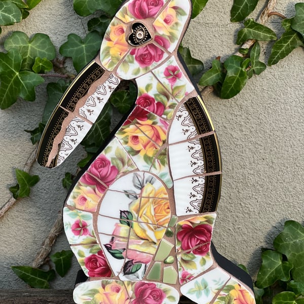 Mosaic Moon Gazing Hare, Made with Vintage china, Ceramic Mosaic Art