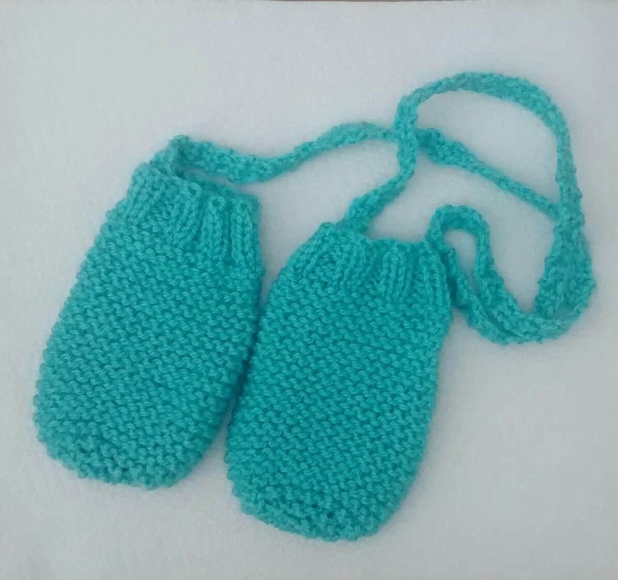 Baby Mittens in Aqua with String