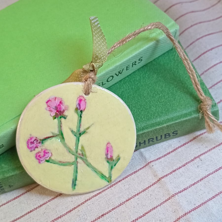 Red Campion clay imprinted and hand painted decoration 
