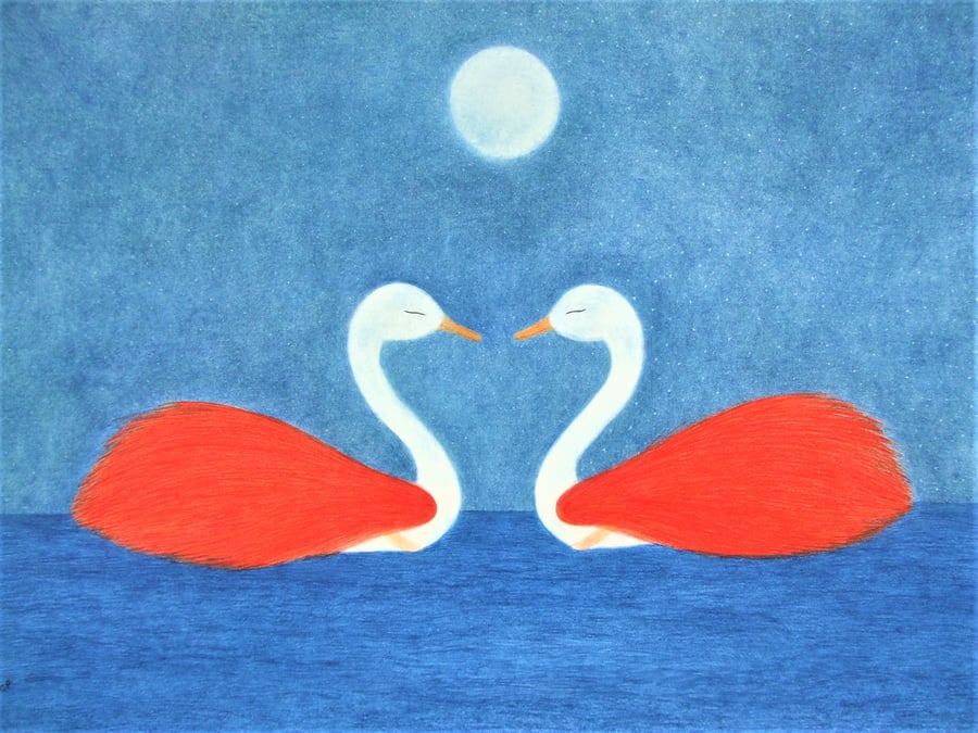 Swan Print: Anniversary Gift, Two Swans Moon, Romantic Spiritual Art Picture