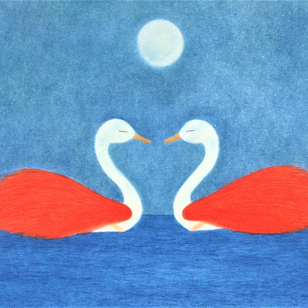 Swan Print: Anniversary Gift, Two Swans Moon, Romantic Spiritual Art Picture