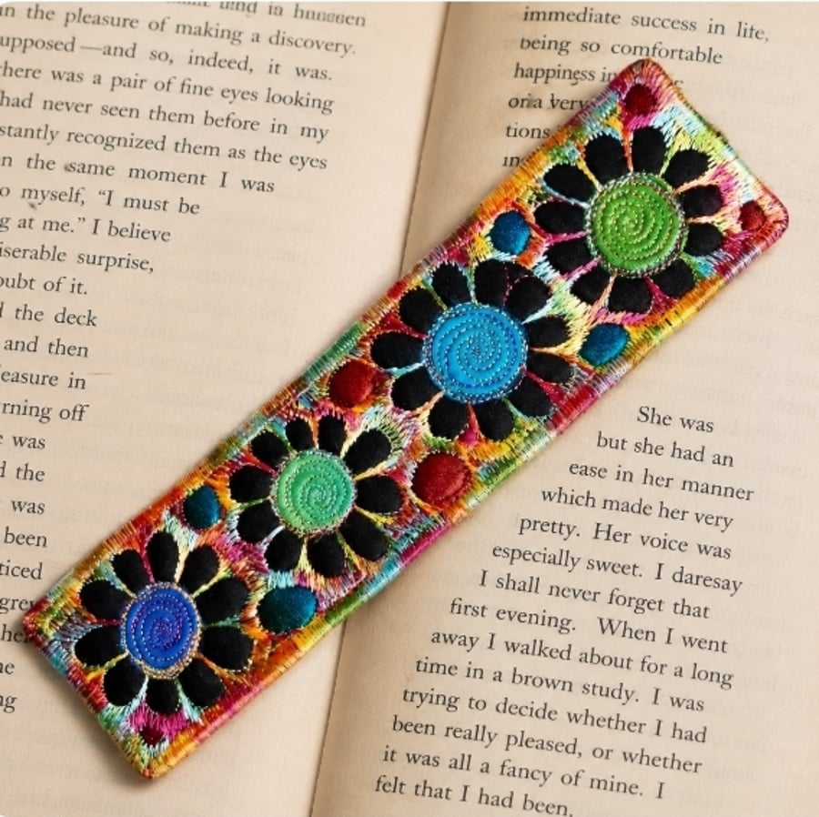 Handmade Embroidered Fabric Bookmark Textile Art Book Lover Gift 