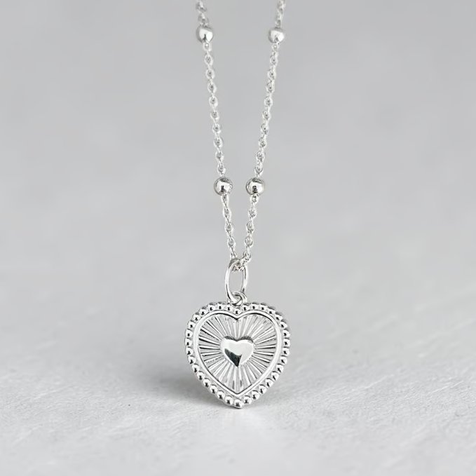 Sterling Silver Heart Pendant Necklace Heart Rays Charm Necklace 925