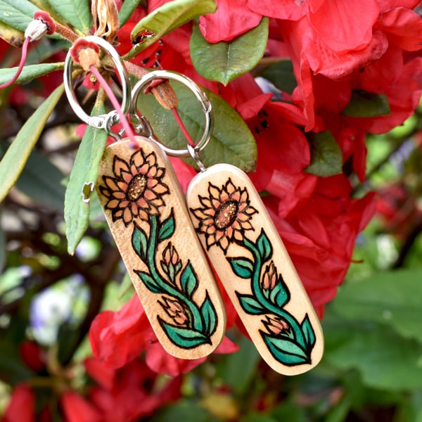 Sunflower Garden. Pyrography key ring.