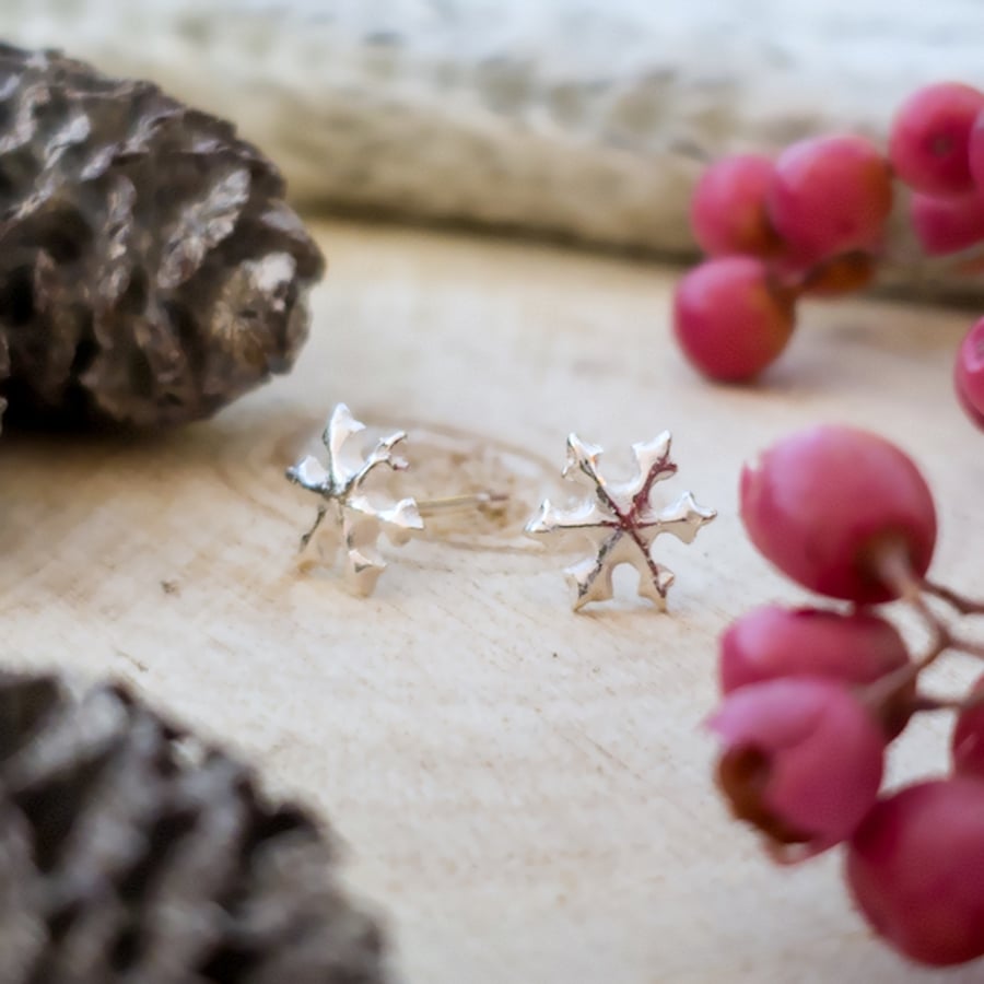 Snowflake Earrings - Recycled Silver Stud Earrings