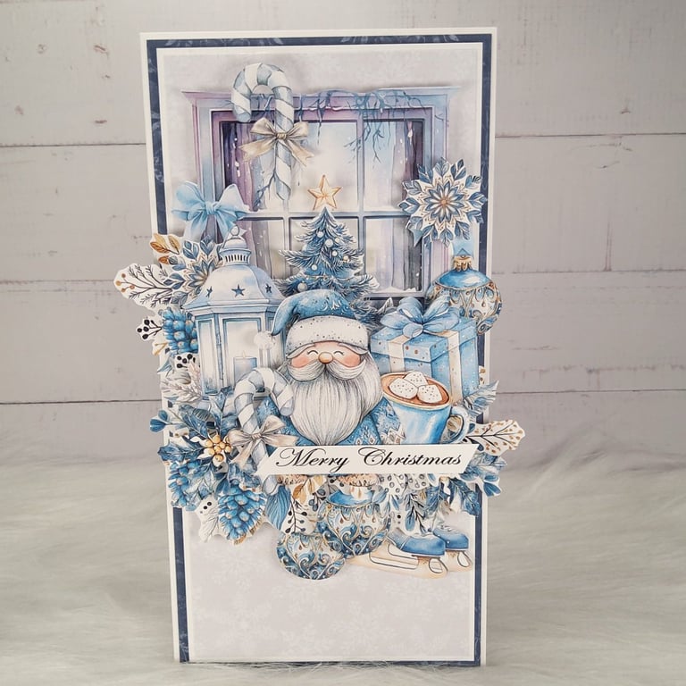 Handmade Santa Christmas Card (111) Blue Winter Scene.