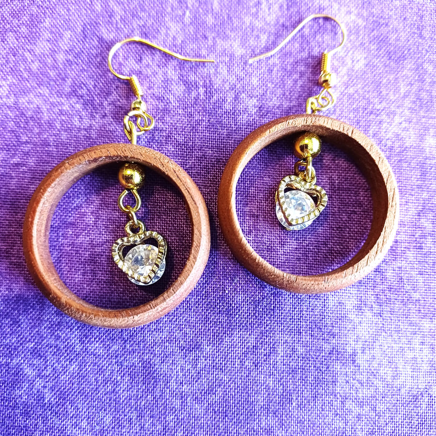 WOODEN HOOPS XL (25mm) with GOLD and CRYSTAL HEARTS - Valentine Special