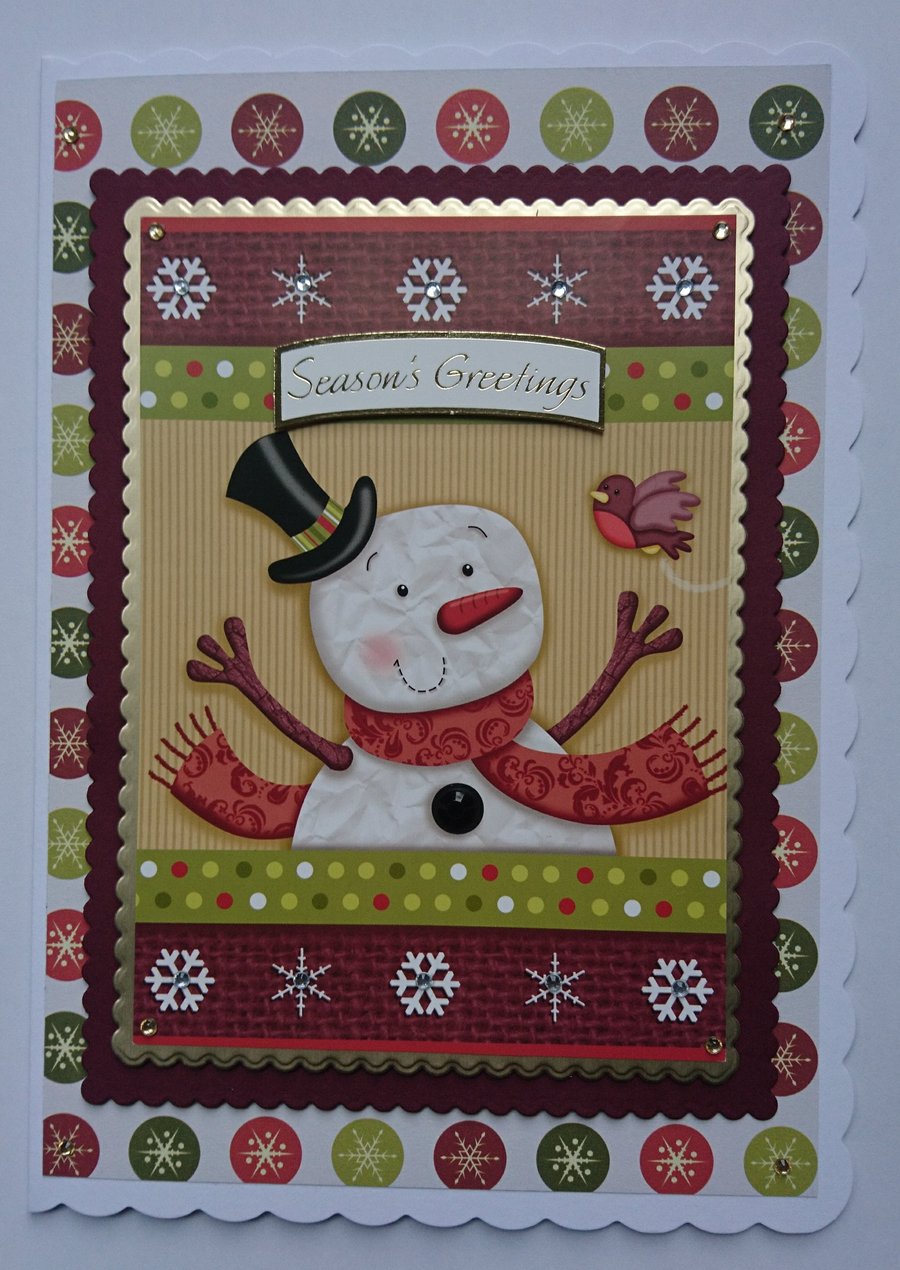 Christmas Card Happy Snowman and Robin Season's Greetings