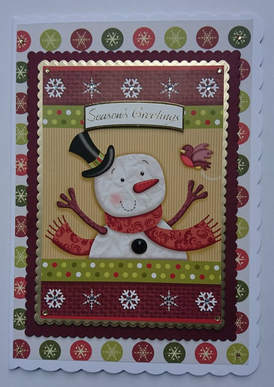 Christmas Card Happy Snowman and Robin Season's Greetings