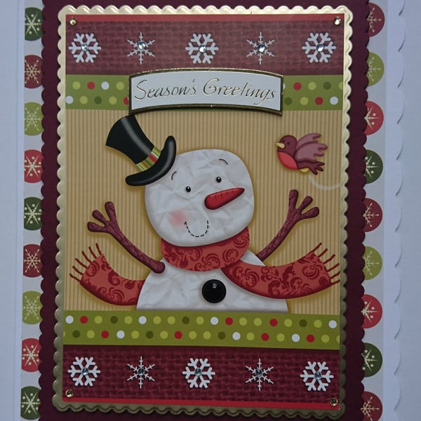 Christmas Card Happy Snowman and Robin Season's Greetings