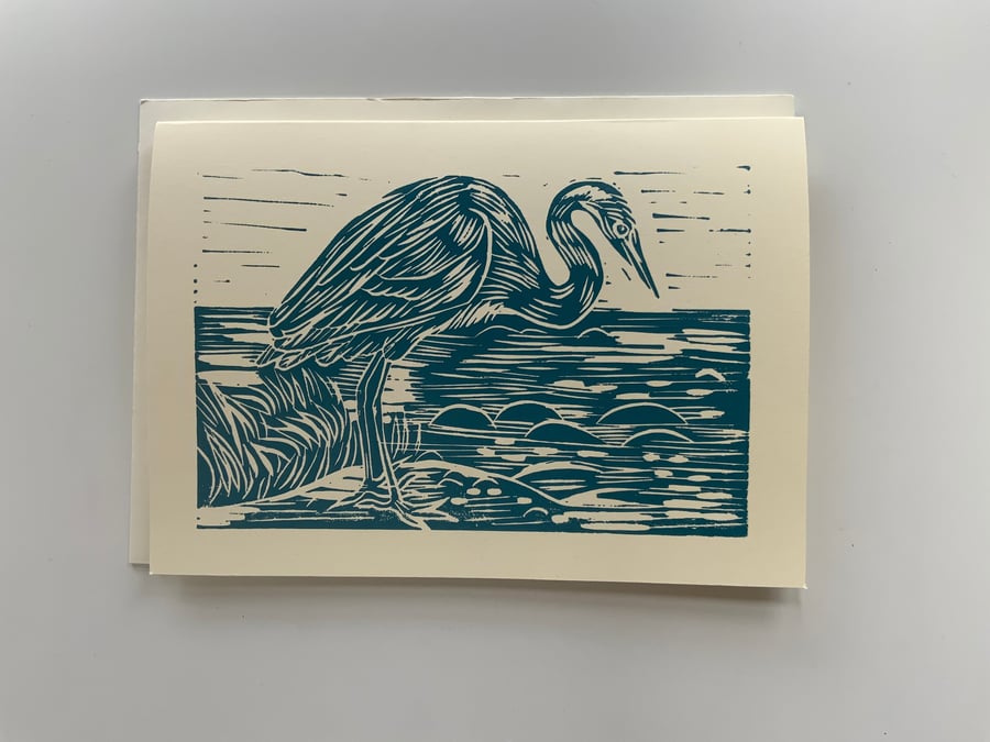 Linocut Print - Heron - Greetings Card - Handprinted - Green - A5 - Blank inside