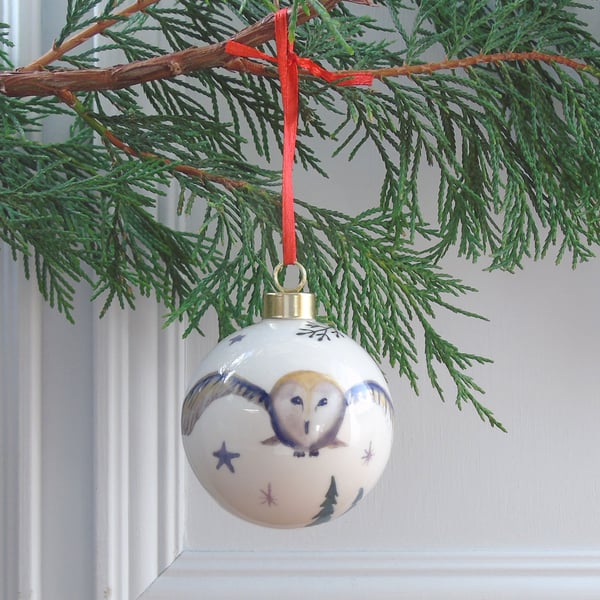 Fine Bone China Barn Owl Christmas Bauble