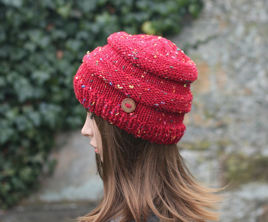 HAT knitted red tweed, winter autumn hat, women's beanie cap, gift, UK