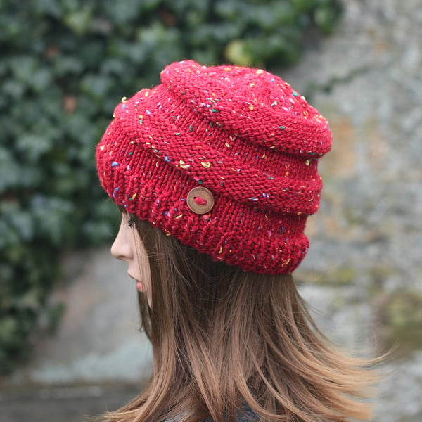 HAT knitted red tweed, winter autumn hat, women's beanie cap, gift, UK