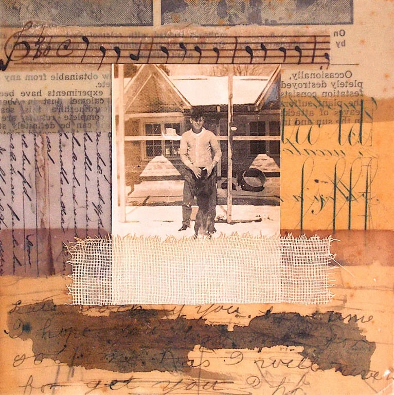 Original Paper & Fabric Collage on Wood Panel, 12x12cms, Free Postage (190)