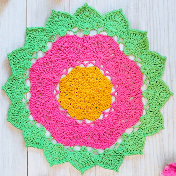 large, bright, crochet doily, mandala table mat