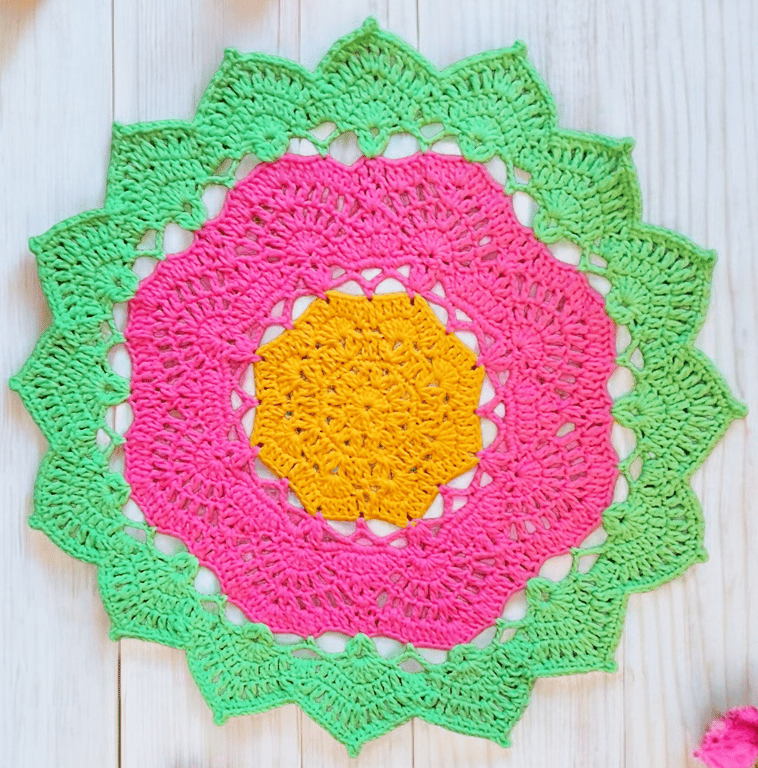 large, bright, crochet doily, mandala table mat