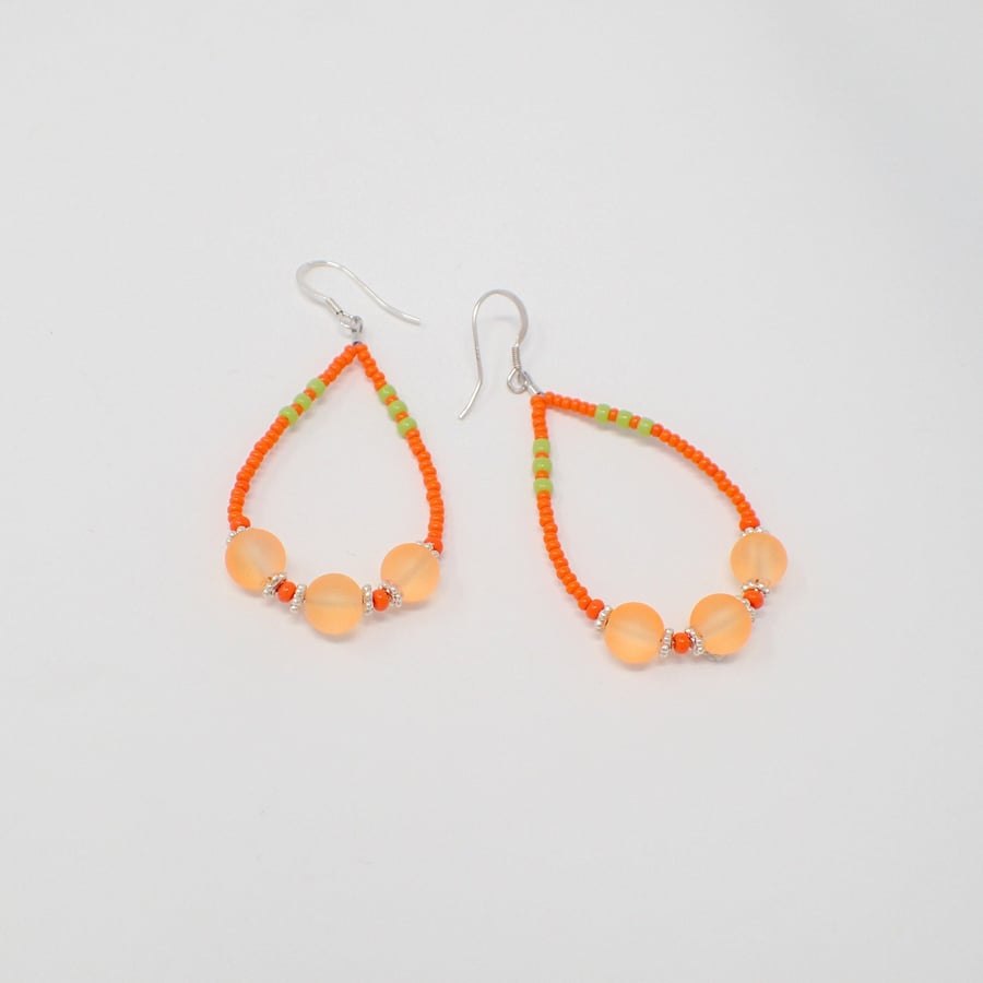 Bright Orange Beaded Dangle Earrings, Teardrop Hoops