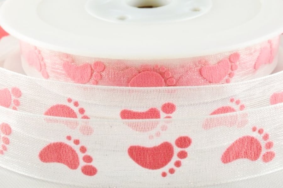 Baby footprint ribbon pink sheer organza 16mm x 4 Metres 