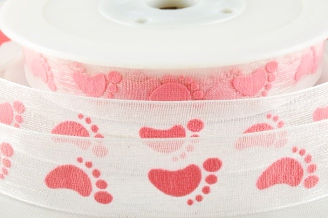 Baby footprint ribbon pink sheer organza 16mm x 4 Metres 
