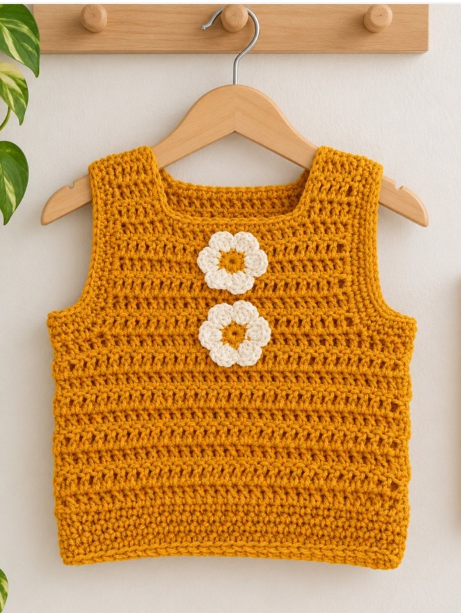 Mustard Yellow Crochet Baby vest,  Sleeveless crochet top