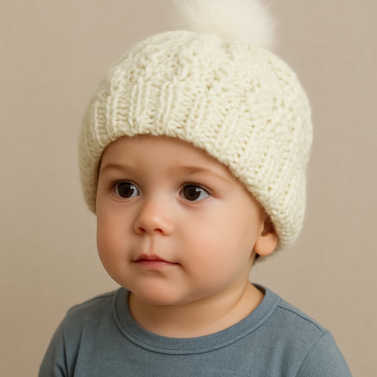 child`s bobble hat in cream with faux fur bobble