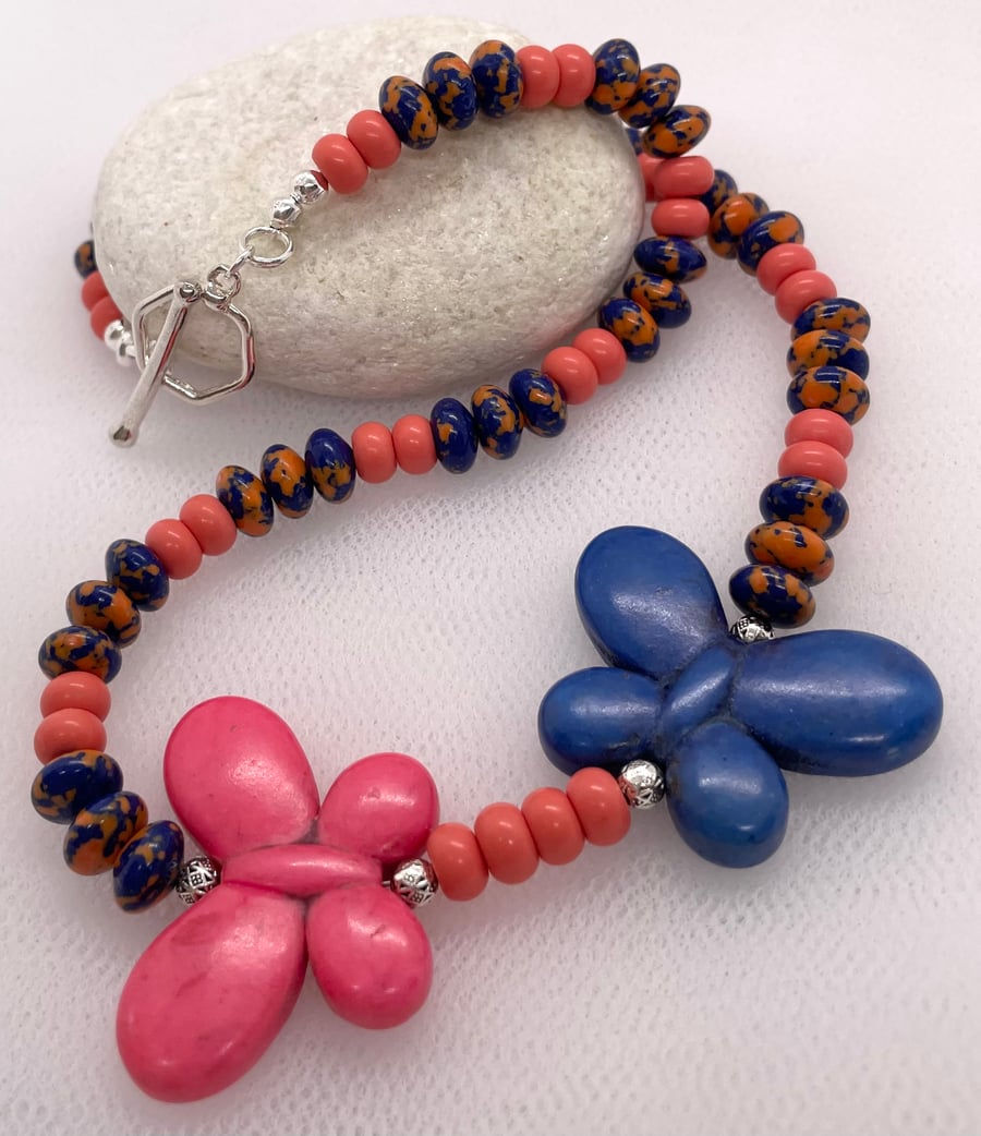 Dramatic Rainbow Calsilica Rondelle Bead Butterfly Necklace 