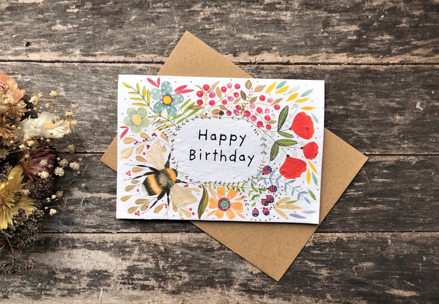 Plantable Seed Paper Birthday Card, Blank Inside, Bee greeting card