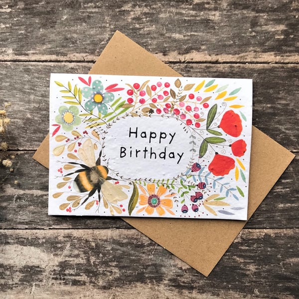 Plantable Seed Paper Birthday Card, Blank Inside, Bee greeting card