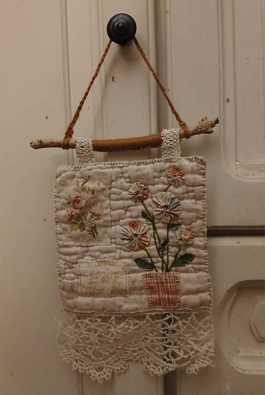 Suffolk puff flowers in a vase textile hanging decoration 