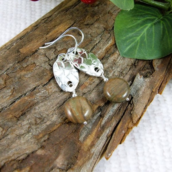 Earrings, Sterling Silver Mosaic Pattern Droppers with Jasper Gemstones