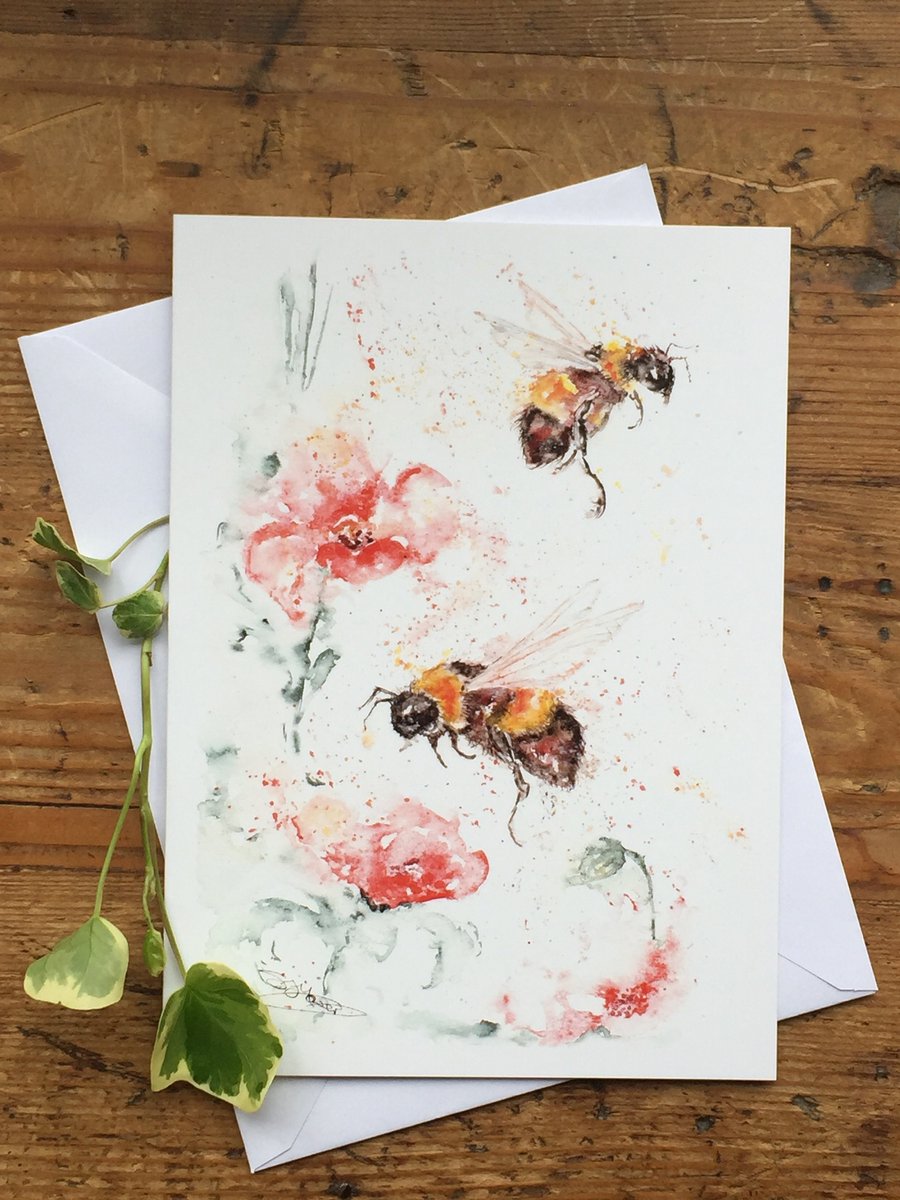 Bees & Poppies Card, A5 blank greeting card with a watercolour design