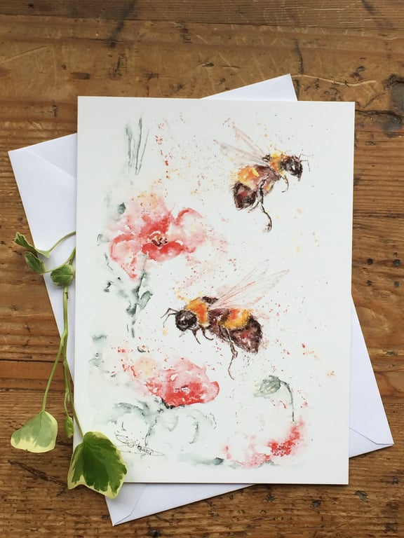 Bees & Poppies Card, A5 blank greeting card with a watercolour design