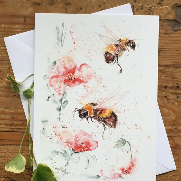 Bees & Poppies Card, A5 blank greeting card with a watercolour design