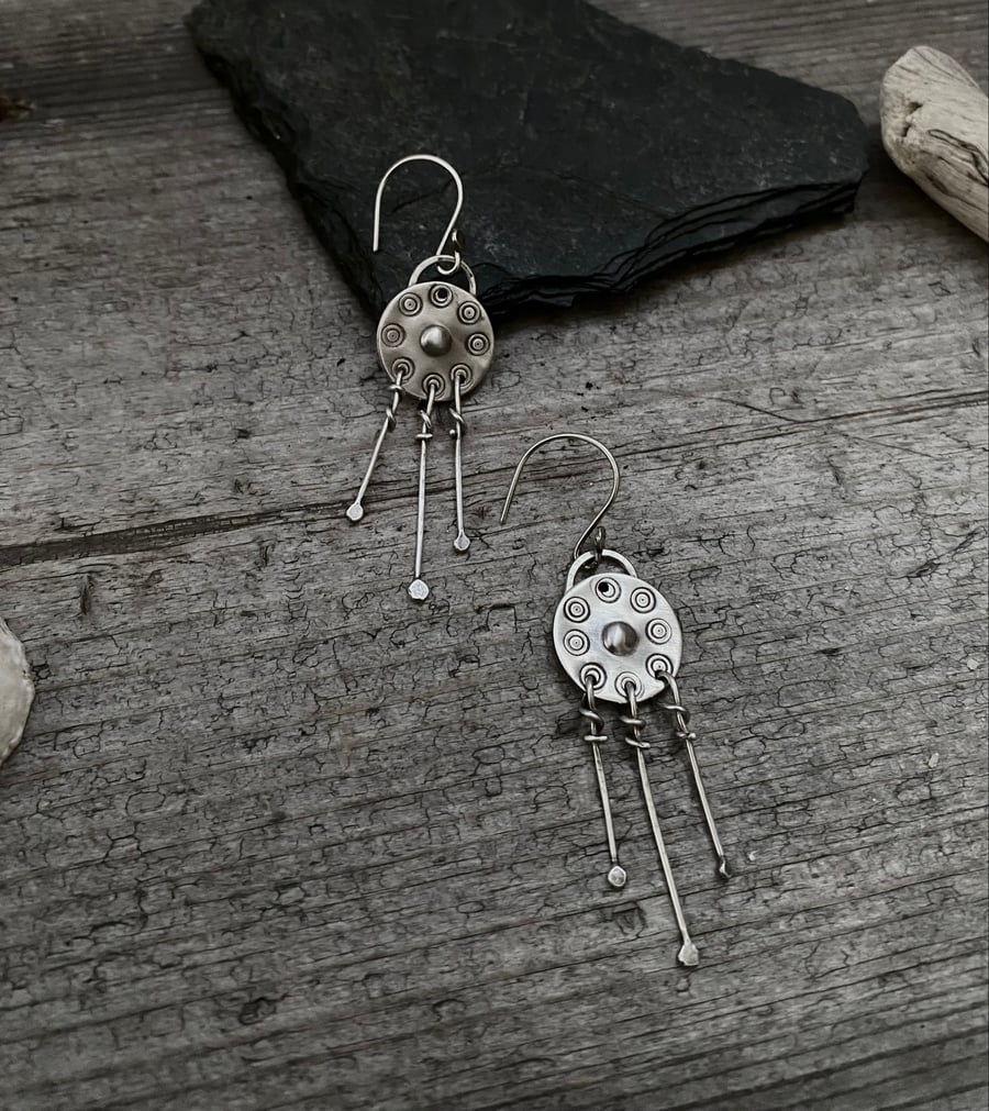 Hand stamped, dangly earrings, sterling silver drop earrings