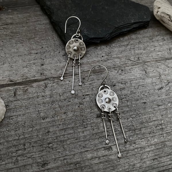 Hand stamped, dangly earrings, sterling silver drop earrings