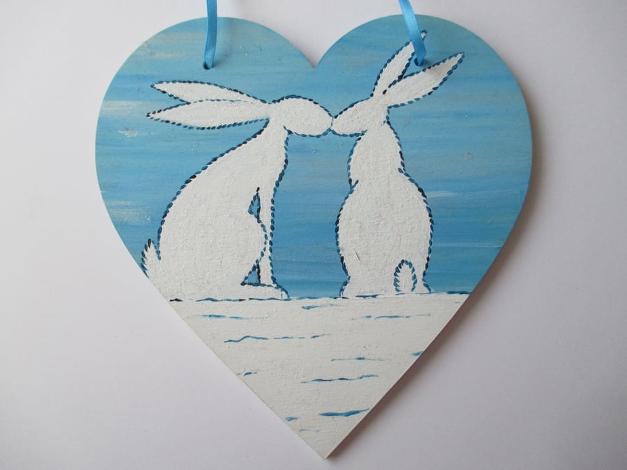 Snowbunny Snow Bunny Love Heart Rabbit Hanging Decoration White Glittery Wood 