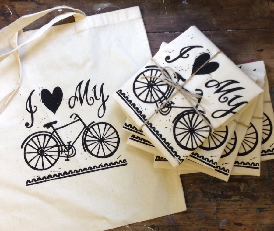 Hand printed 'I love my bike' bag