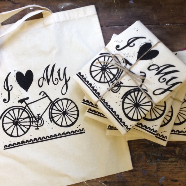 Hand printed 'I love my bike' bag