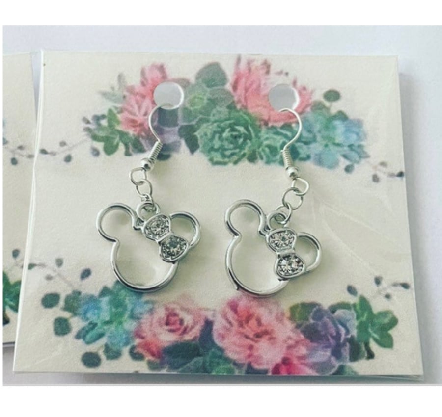 Minnie mouse rhinestone silvertone drop earrings pendant charm ladies gift 