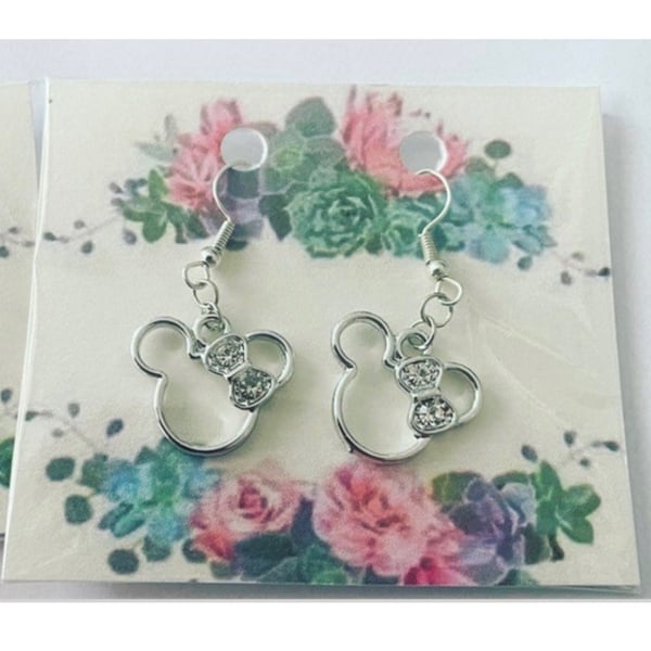 Minnie mouse rhinestone silvertone drop earrings pendant charm ladies gift 