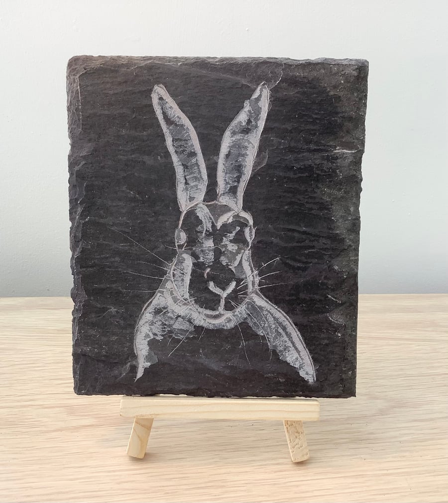 A lovely plump Hare - original art hand carved on recycled slate
