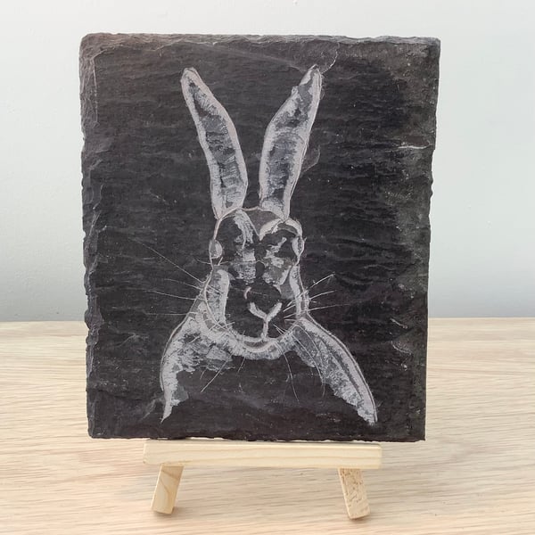 A lovely plump Hare - original art hand carved on recycled slate