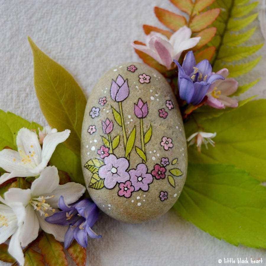 purple tulips and blossom - pebble art
