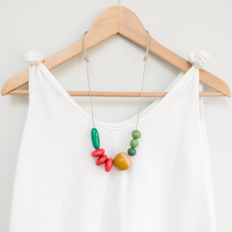 Cleo - Repurposed beaded necklace in greens, mustard and red 