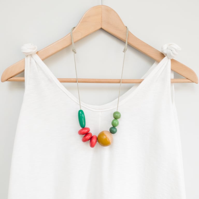 Cleo - Repurposed beaded necklace in greens, mustard and red 